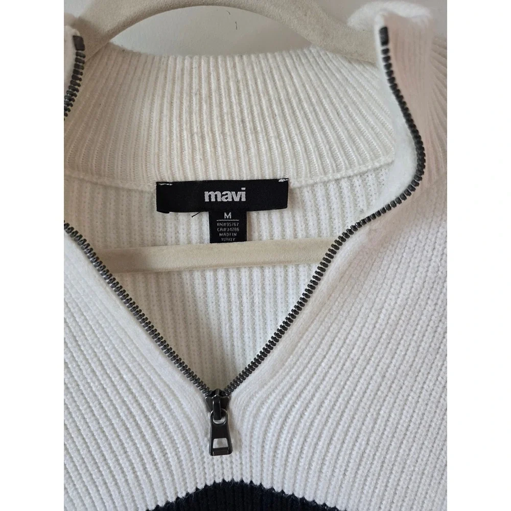 Mavi Mens White Navy Blue Striped Ribbed Quarter Zip Sweater Size M
